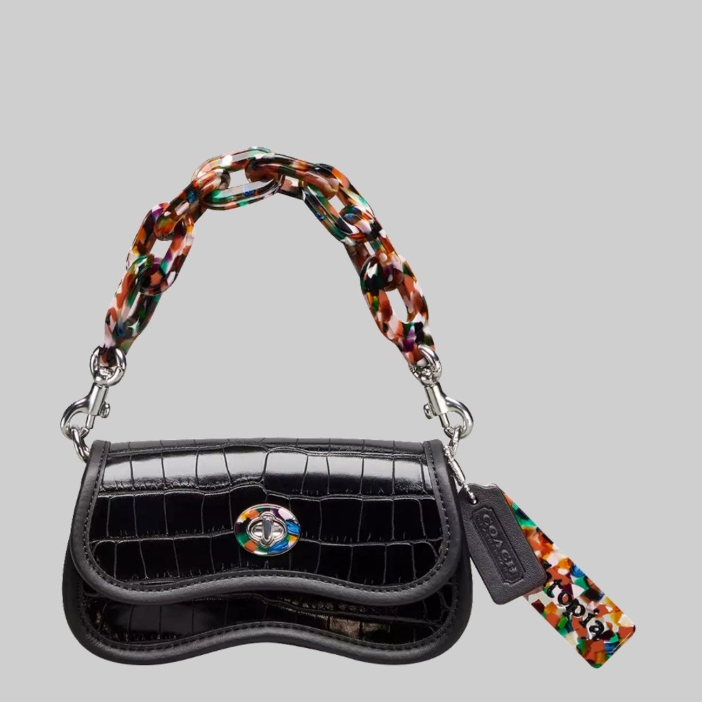 Coachtopia Mini Black Croc-Embossed Shoulder Bag with Multicolor Strap
